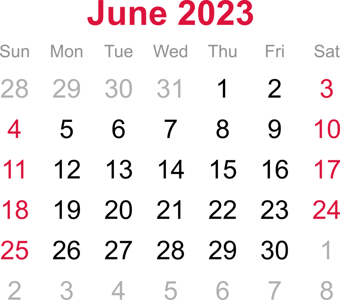 June calendar of 2023 on transparency background png