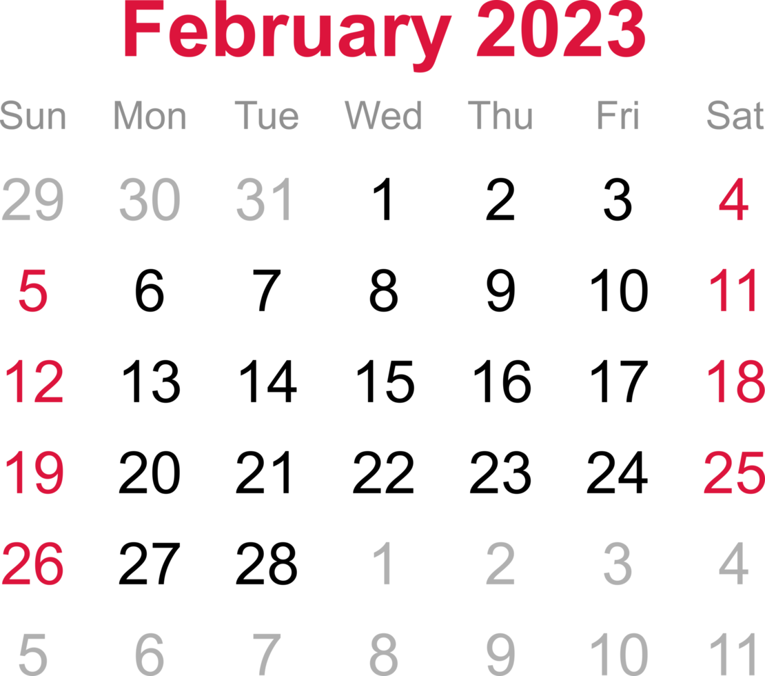 februarkalender 2023 auf transparentem hintergrund png