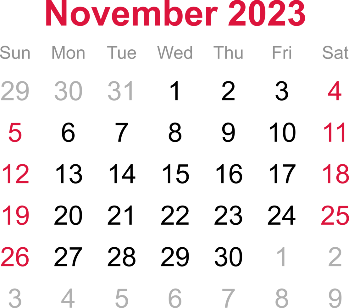 November calendar of 2023 on transparency background png