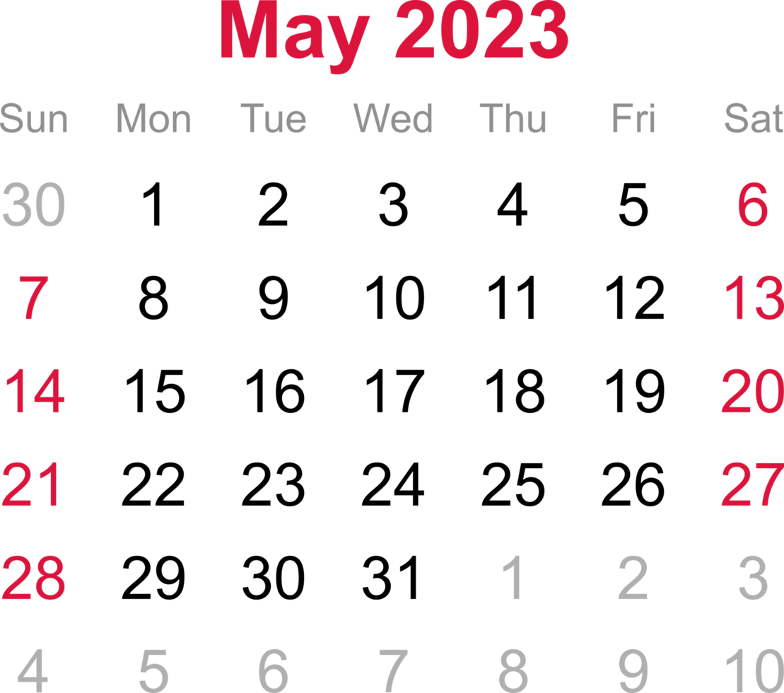 May calendar of 2023 on transparency background png