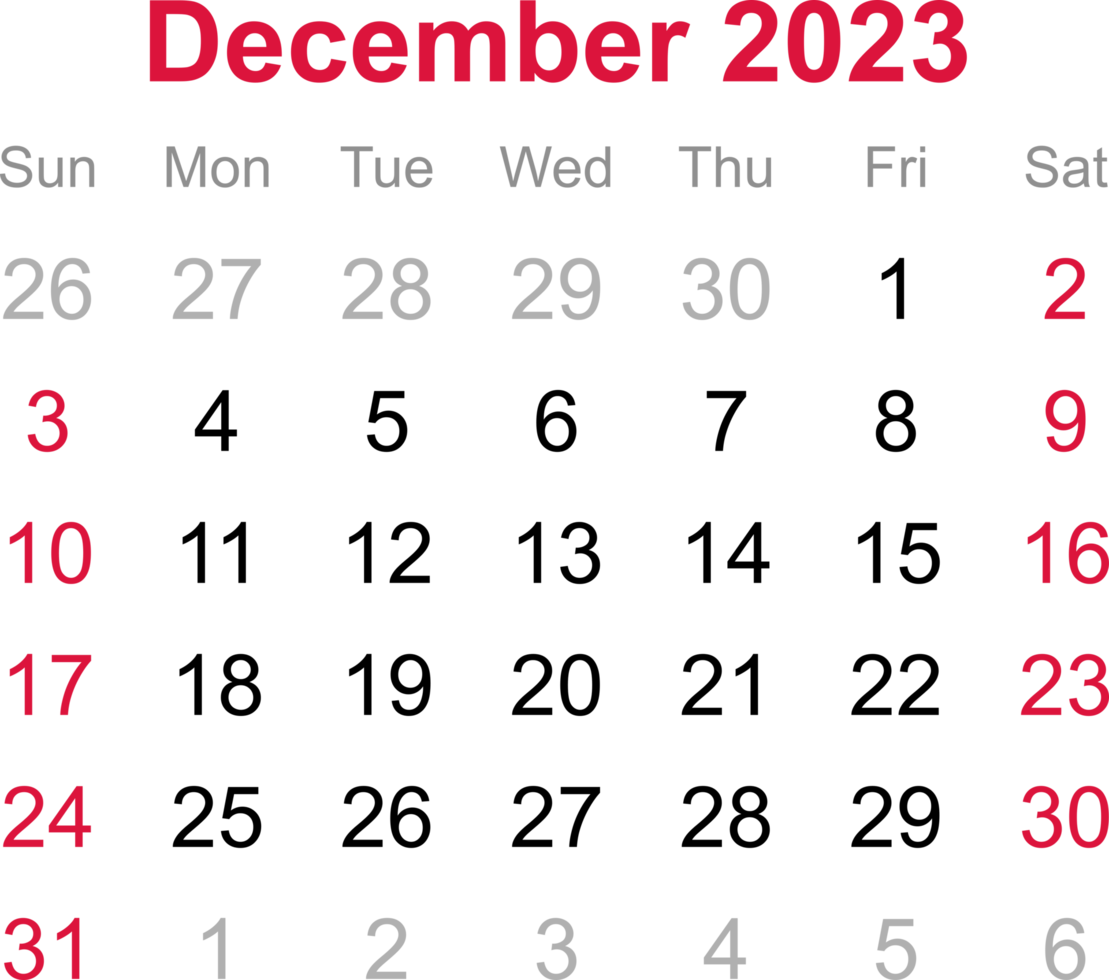 calendrier de décembre 2023 sur fond de transparence png