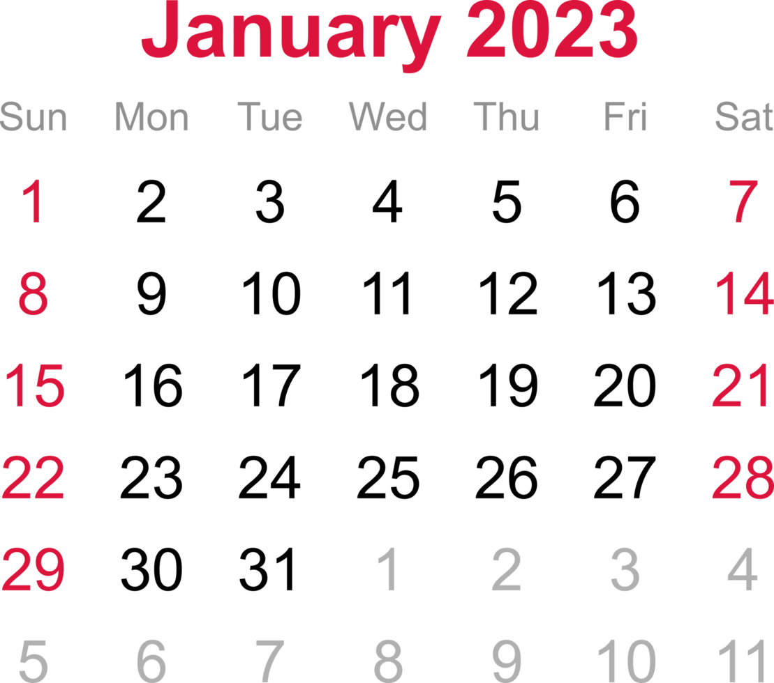 January calendar of 2023 on transparency background png