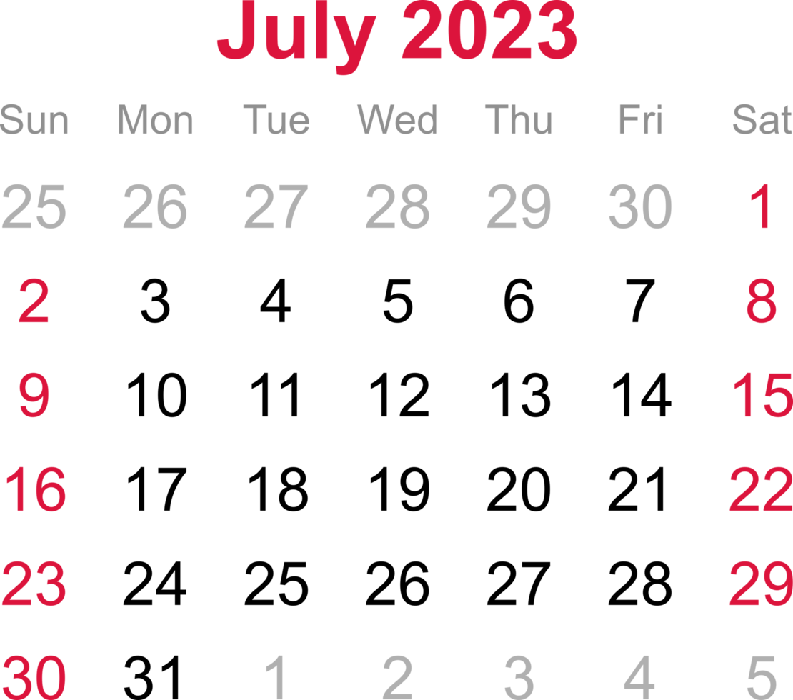 July calendar of 2023 on transparency background png