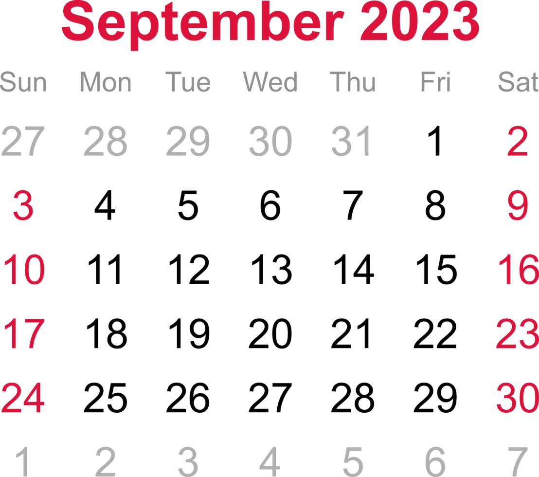 September calendar of 2023 on transparency background png