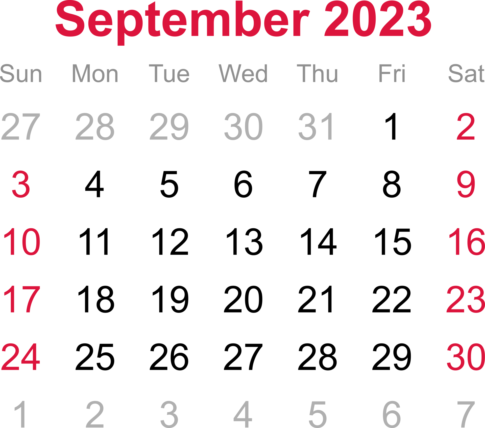 Calendar September 2023 PNG Transparent Images Free Download