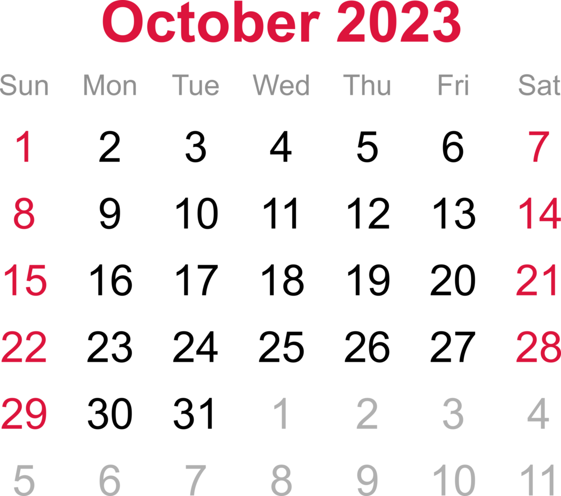 October calendar of 2023 on transparency background png