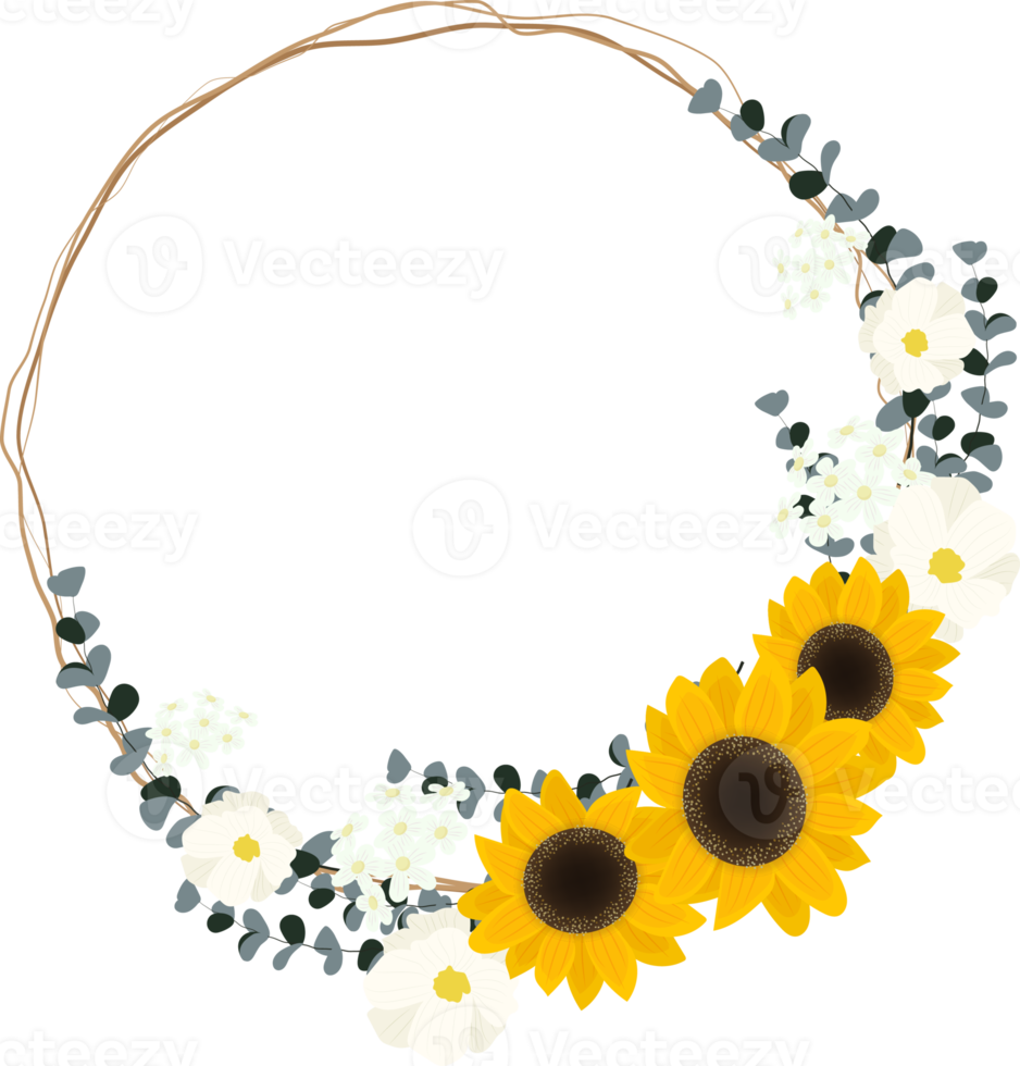 yellow sunflower wild flower and eucalyptus leaf on dry twig bouquet circle wreath frame flat style png