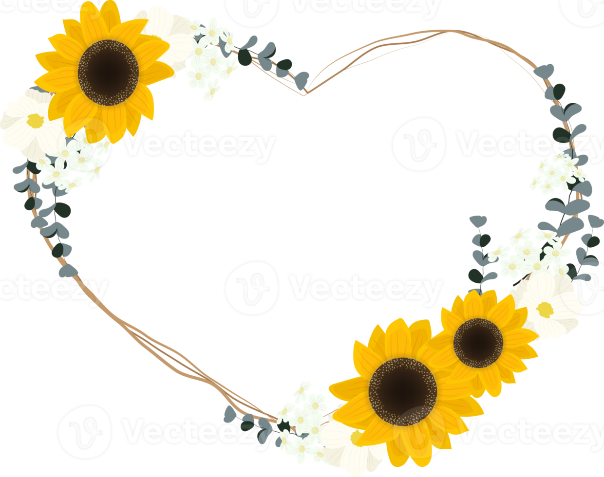 yellow sunflower wild flower and eucalyptus leaf on dry twig bouquet heart wreath frame flat style png