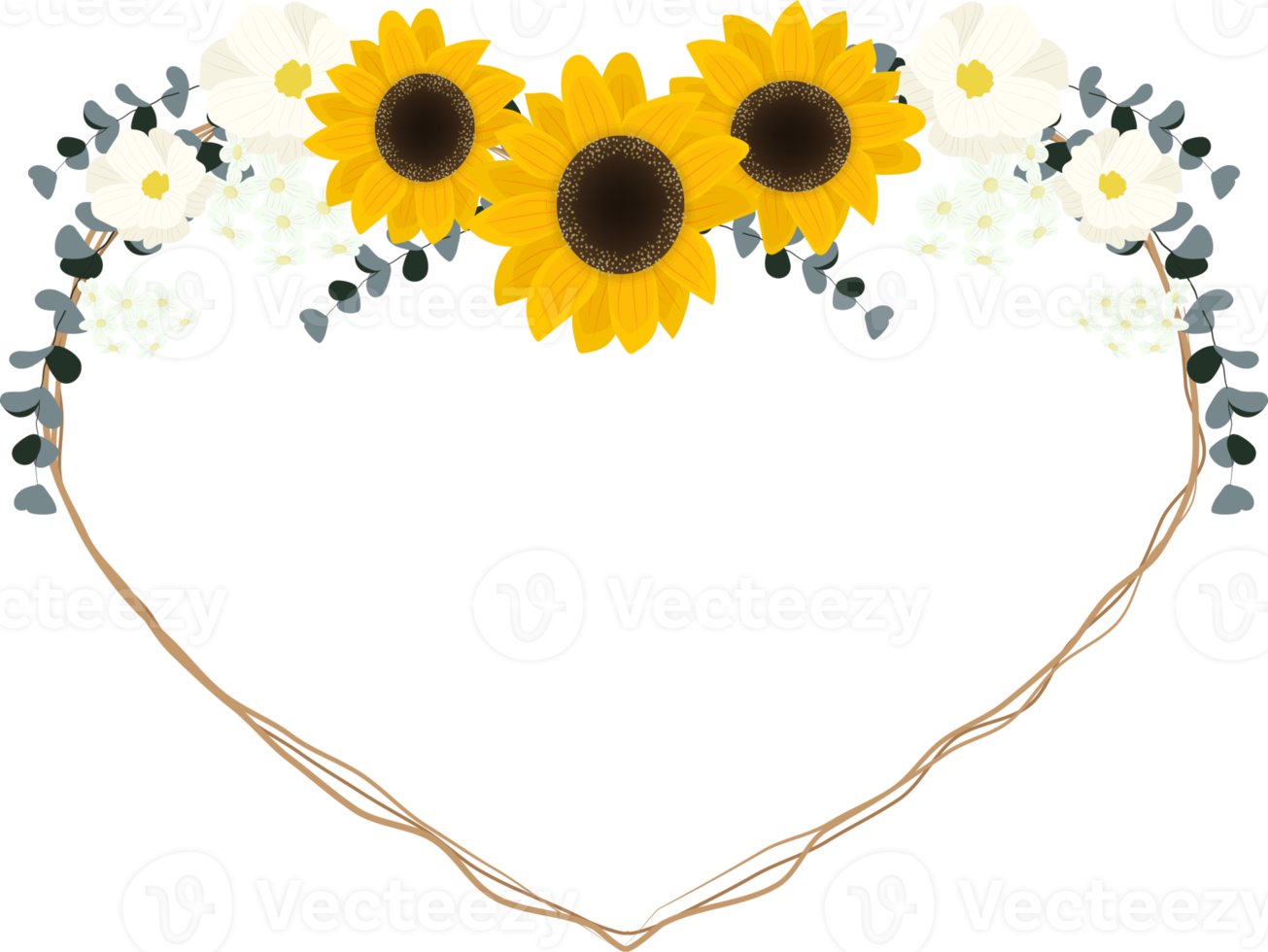 yellow sunflower wild flower and eucalyptus leaf on dry twig bouquet heart wreath frame flat style png