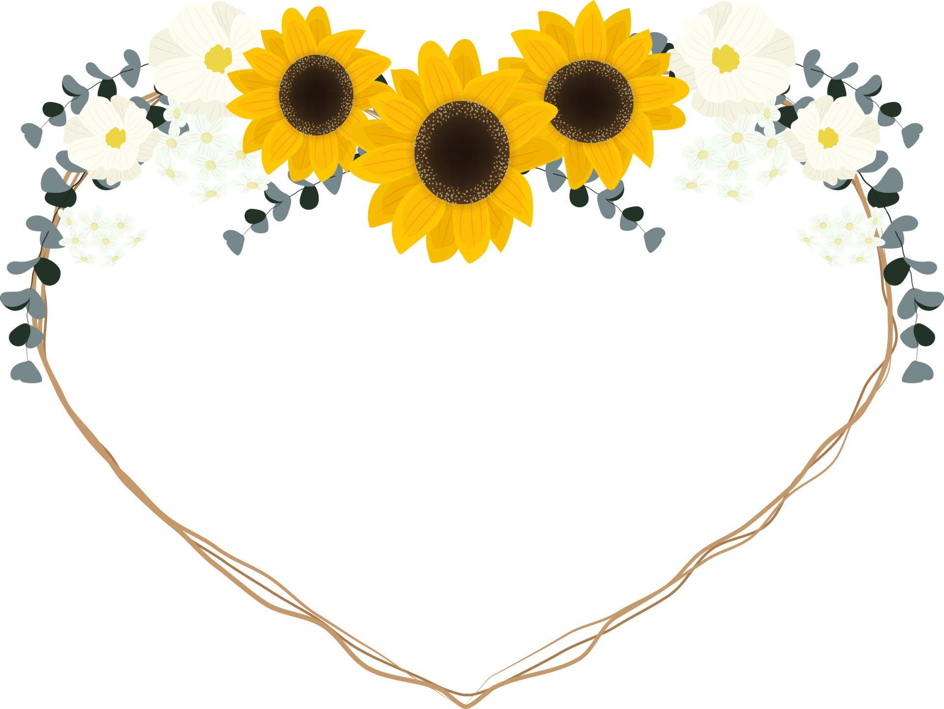Yellow Sunflower Wild Flower And Eucalyptus Leaf On Dry Twig Bouquet Heart  Wreath Frame Collection Flat Style Stock Illustration - Download Image Now  - iStock
