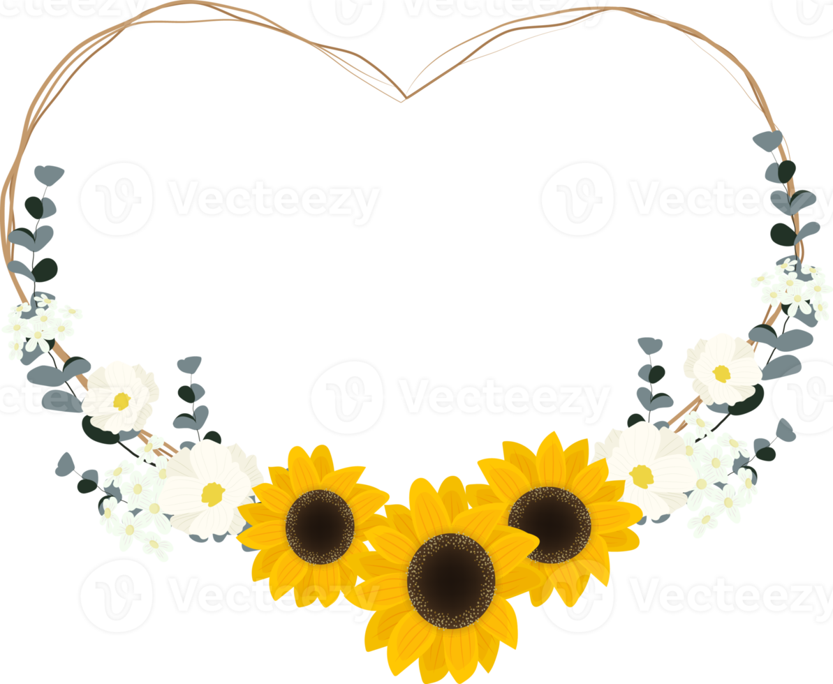 geel zonnebloem wild bloem en eucalyptus blad Aan droog takje boeket hart krans kader vlak stijl png