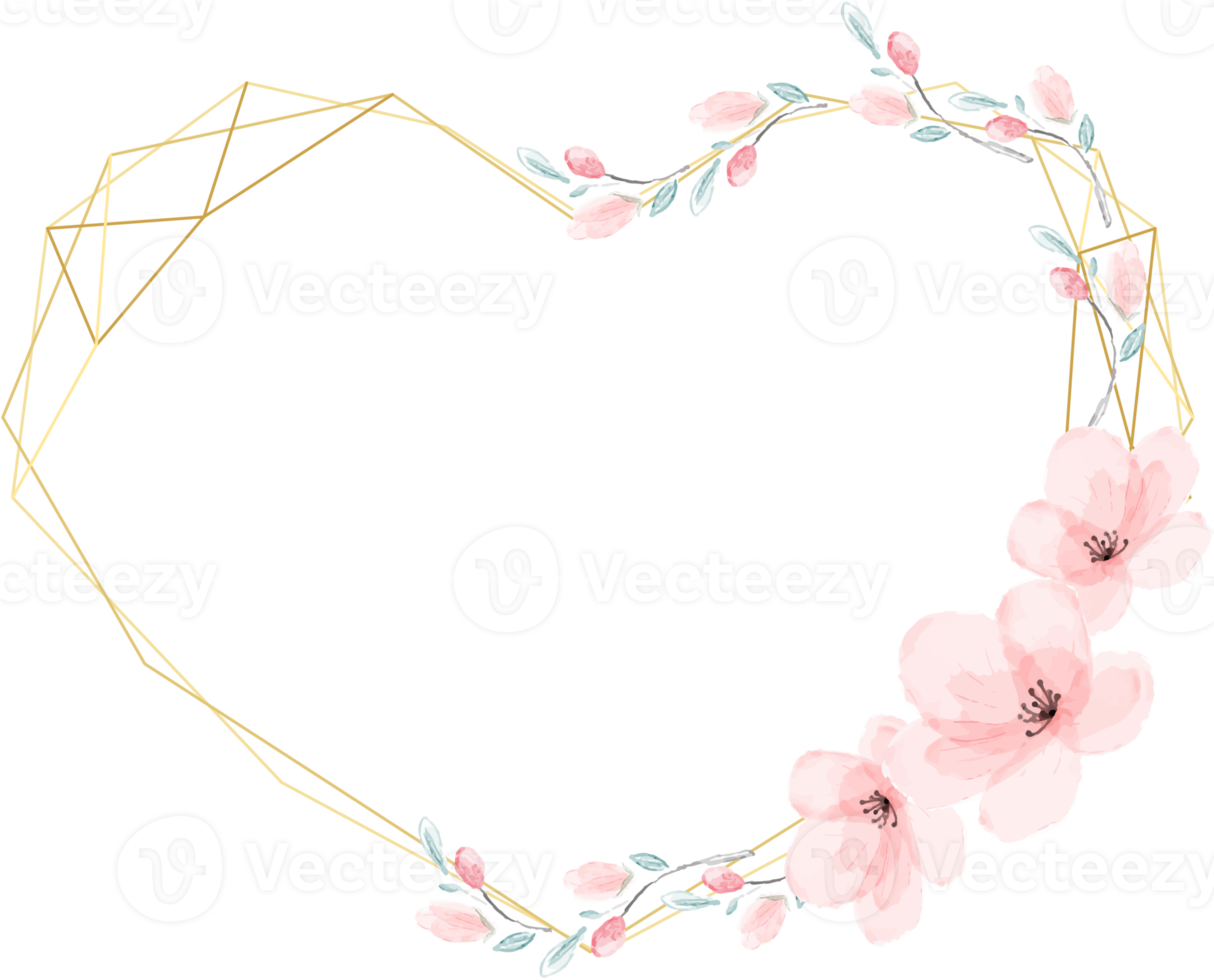watercolor cherry blossom heart golden wreath frame for valentine banner png