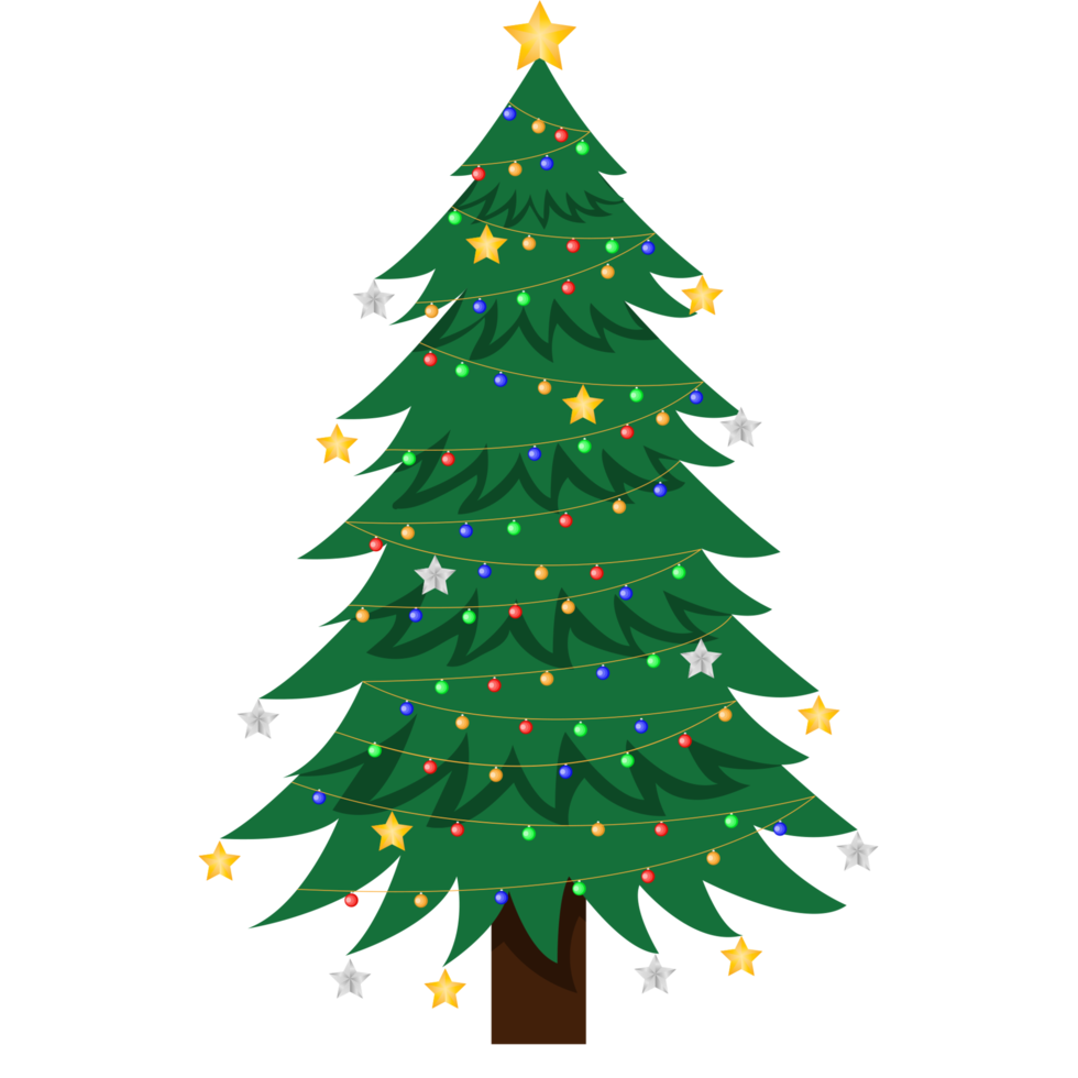 Christmas trees cartoon on tranparent background. New Years and xmas traditional symbol tree with garlands, light bulb, star. Winter holiday. png