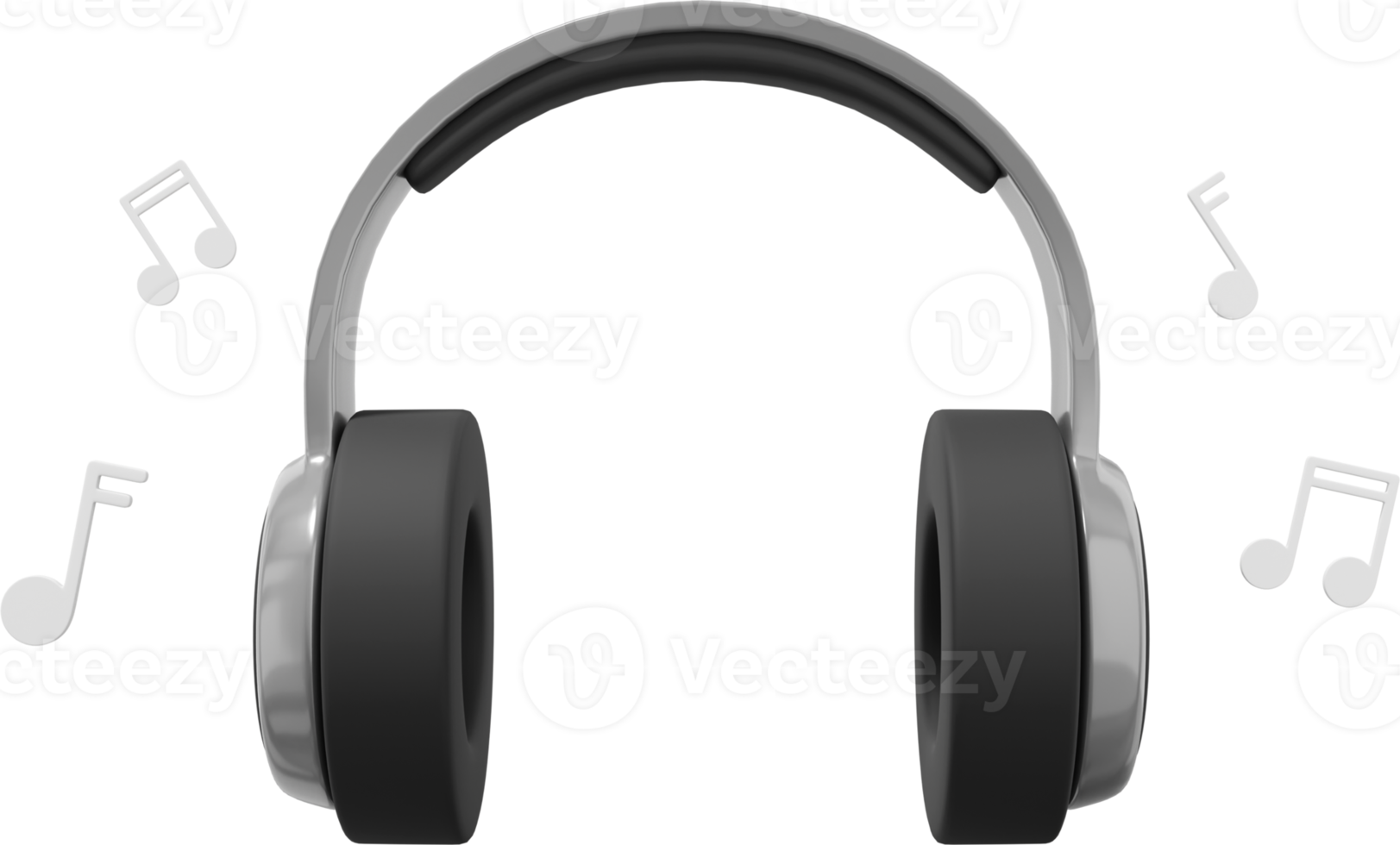 Wireless headphones and flying music notes front view. Gray PNG icon on a transparent background. 3D rendering.