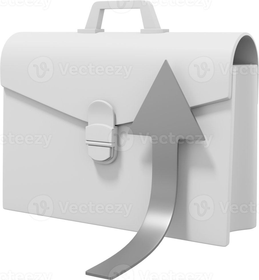 White briefcase with a silver arrow growing up, seen from the side. PNG icon on transparent background. Business portfolio success. 3D rendering.