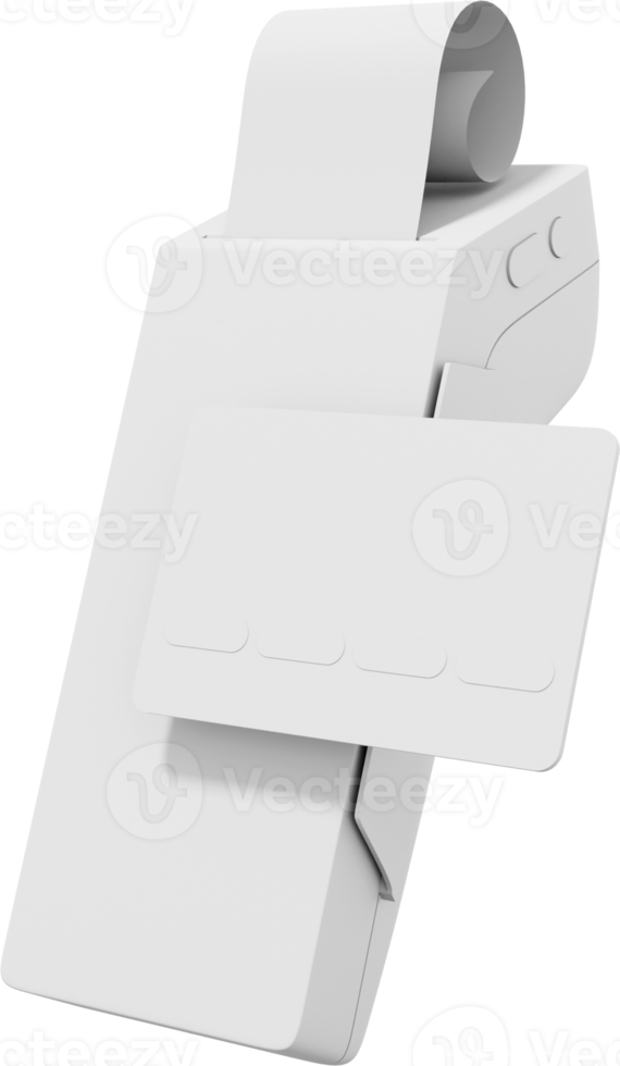 Zahlungsmaschine. nfc pos terminal gprs point mit papierquittung und kreditkarte. monochrome weiße Farbe. Mockup-Bildschirm. png auf transparentem Hintergrund. 3D-Rendering.