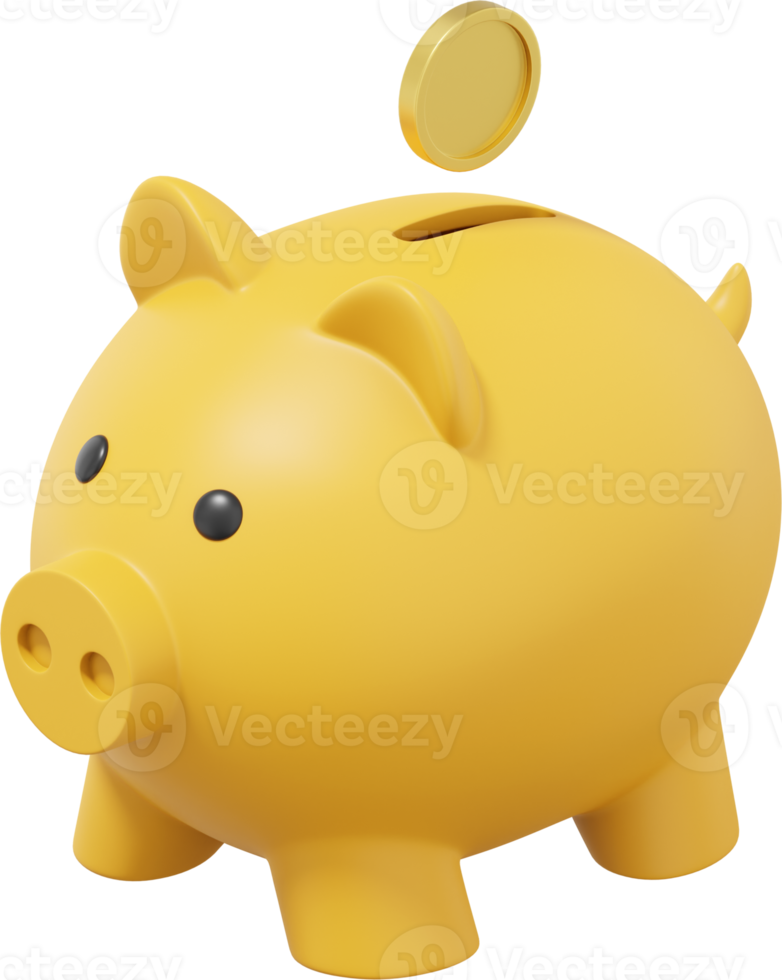 Yellow piggy bank, dropping coins. PNG icon on transparent background. 3D rendering.