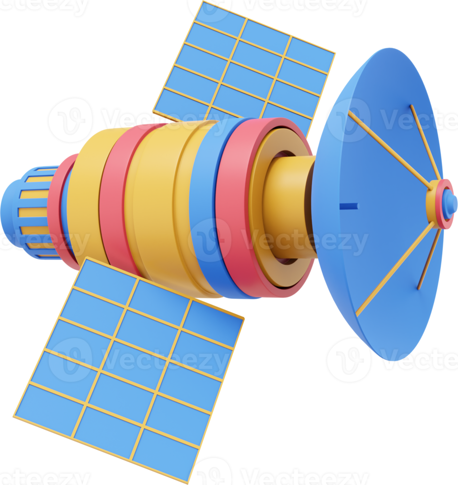 Space satellite with an antenna. Orbital communication station intelligence, research. 3D rendering. Multicolored PNG icon on transparent background.