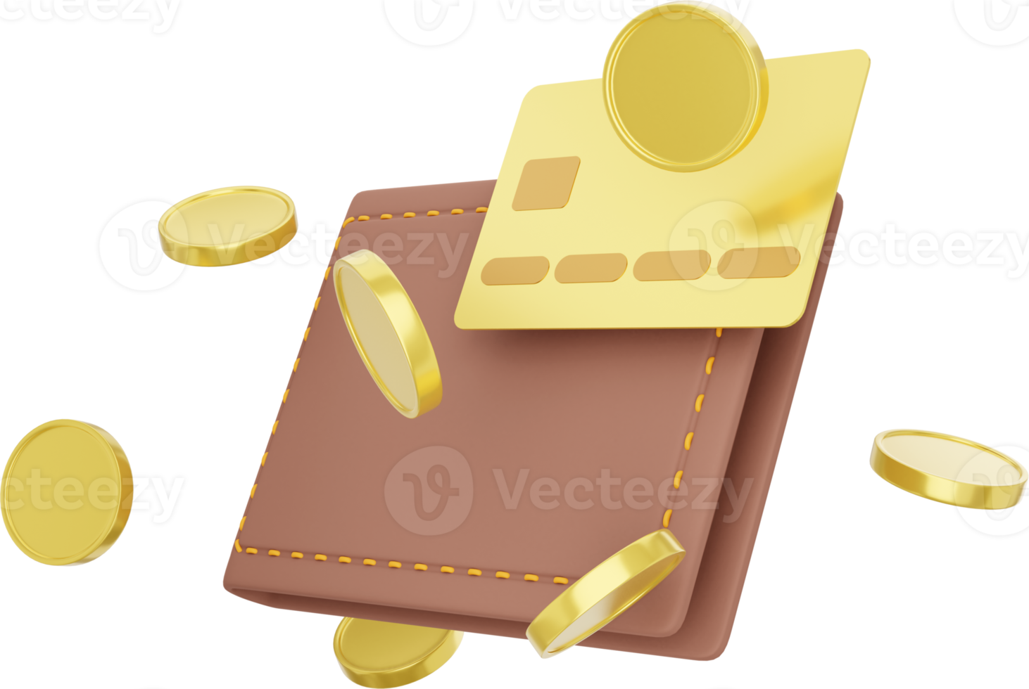 Wallet with flying coins and credit card. PNG icon on transparent background.