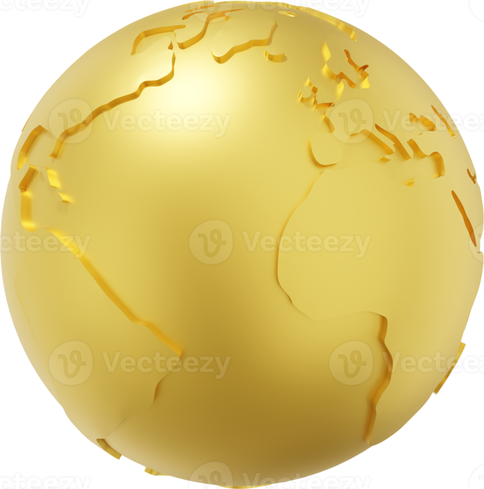 Globe Earth. Minimalist cartoon. gold PNG Isolated icon on transparent background. 3D rendering.