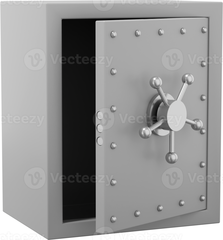 Retro safe with wheel handles. Gray open storage. PNG icon on transparent background. 3D rendering.