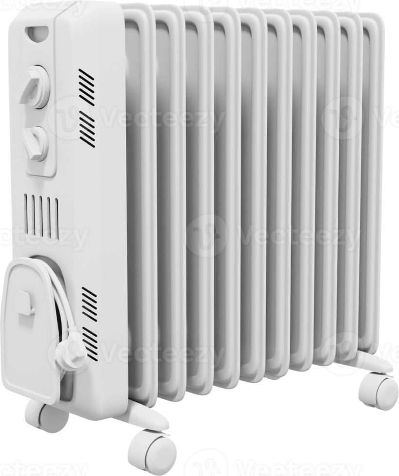 Electric oil radiator heater. White PNG icon on transparent background. 3D rendering.