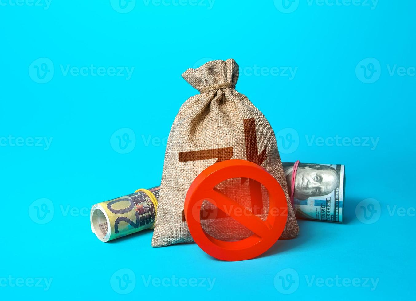 Polish zloty money bag and prohibition sign NO. Confiscation of capital of illegal origin. Freezing of assets, seizure of savings. Sanctions and restrictions. Monitoring of suspicious transactions. photo