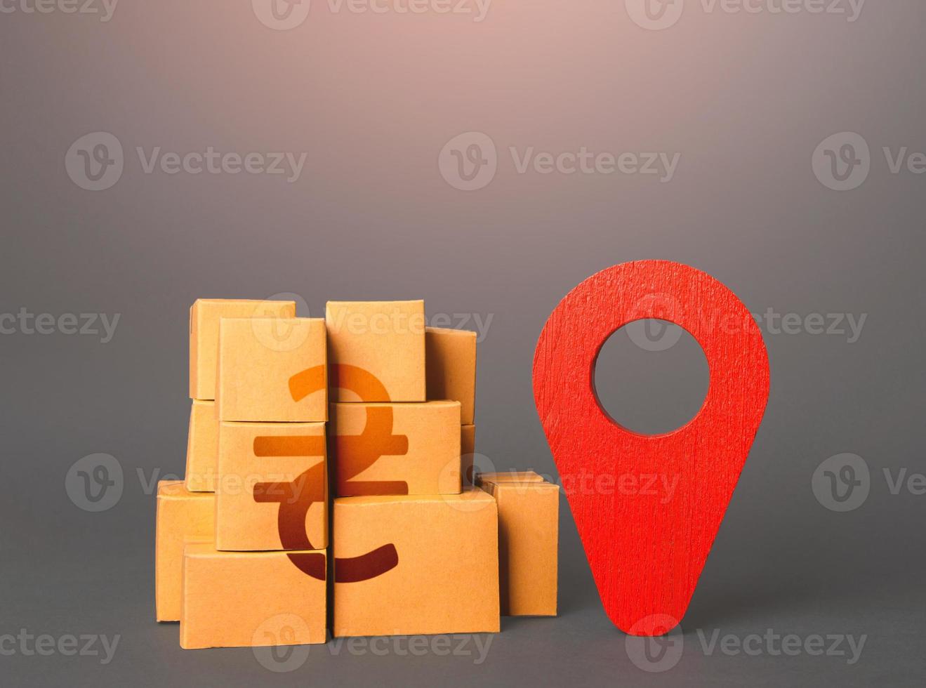 Boxes with ukrainian hryvnia symbol and red location pin. Domestic manufacturer. Tracking. Supply distribution. Import export. Trade in goods. Transportation delivering logistics, warehouse management photo