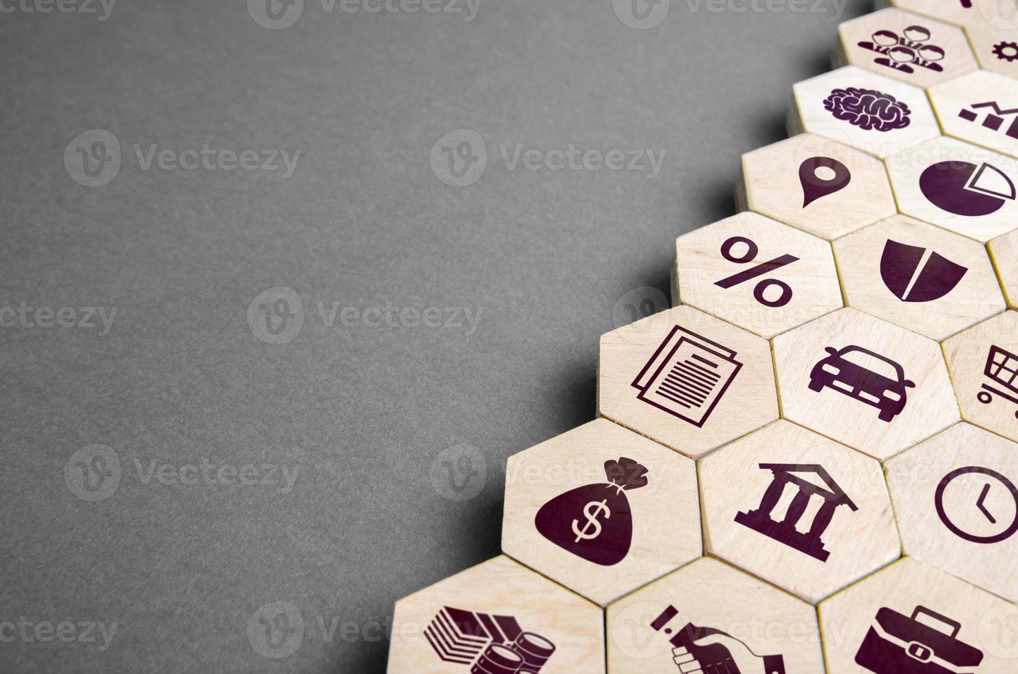 Hexagons in order with business attributes. Organizational and financial management and business development tools. Components for successful company growth. Improving investment climate. Education. photo