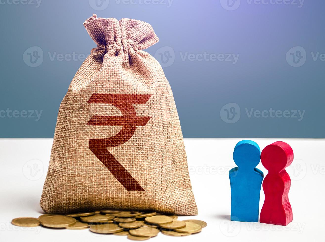 Couple figurines and indian rupee money bag. Budget. Social research, consumer preferences. Segmentation. Marketing and targeting. Investments. Social policy to encourage family creation. photo