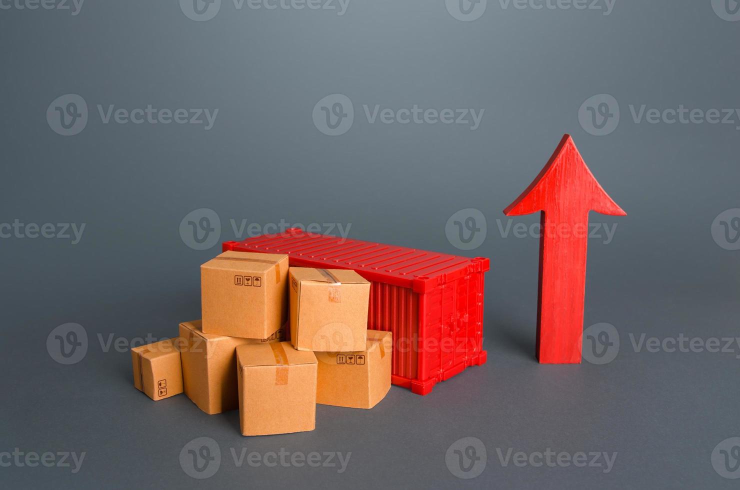 Shipping container and boxes near a red arrow up. Growth of goods transportation volume, world trade traffic recovery. Economic ties. Fees and Tariffs, customs. Increase in sales. Import and export. photo