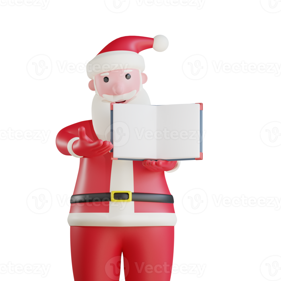 3d santa claus showing the contents of the book png