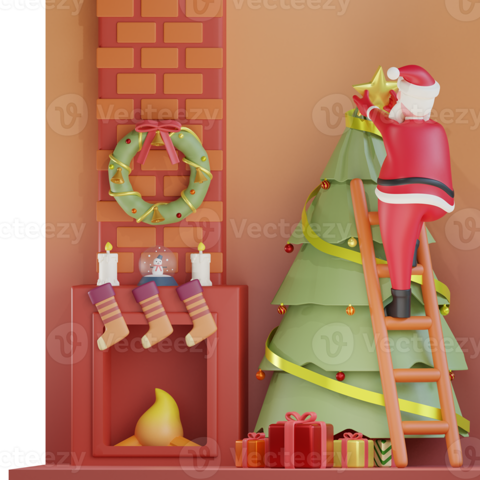 3d santa claus decorating christmas tree png