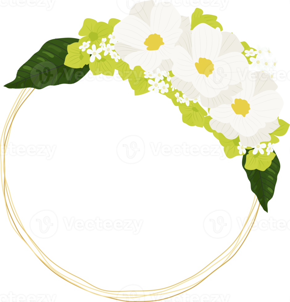 Weißer Kosmos und grüner Hortensienblumenstrauß mit goldenem Rahmenkranz png