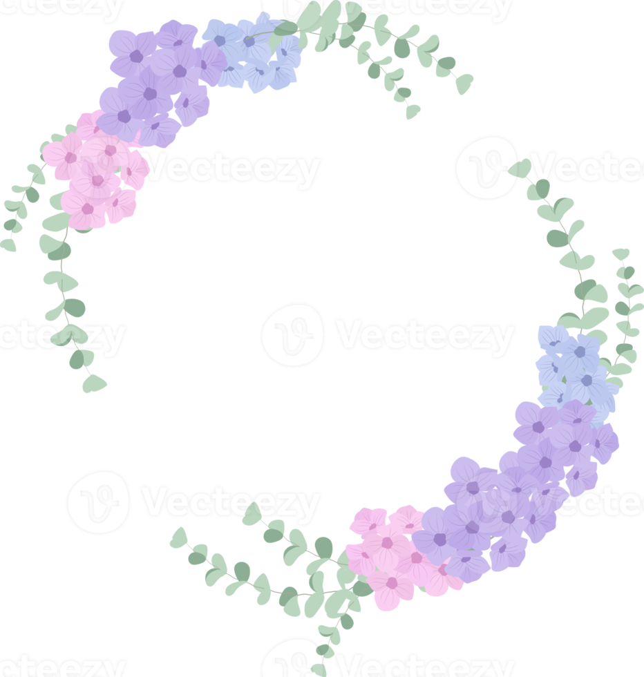 corona de ramo de flores de hortensia de estilo plano con marco dorado de lujo png