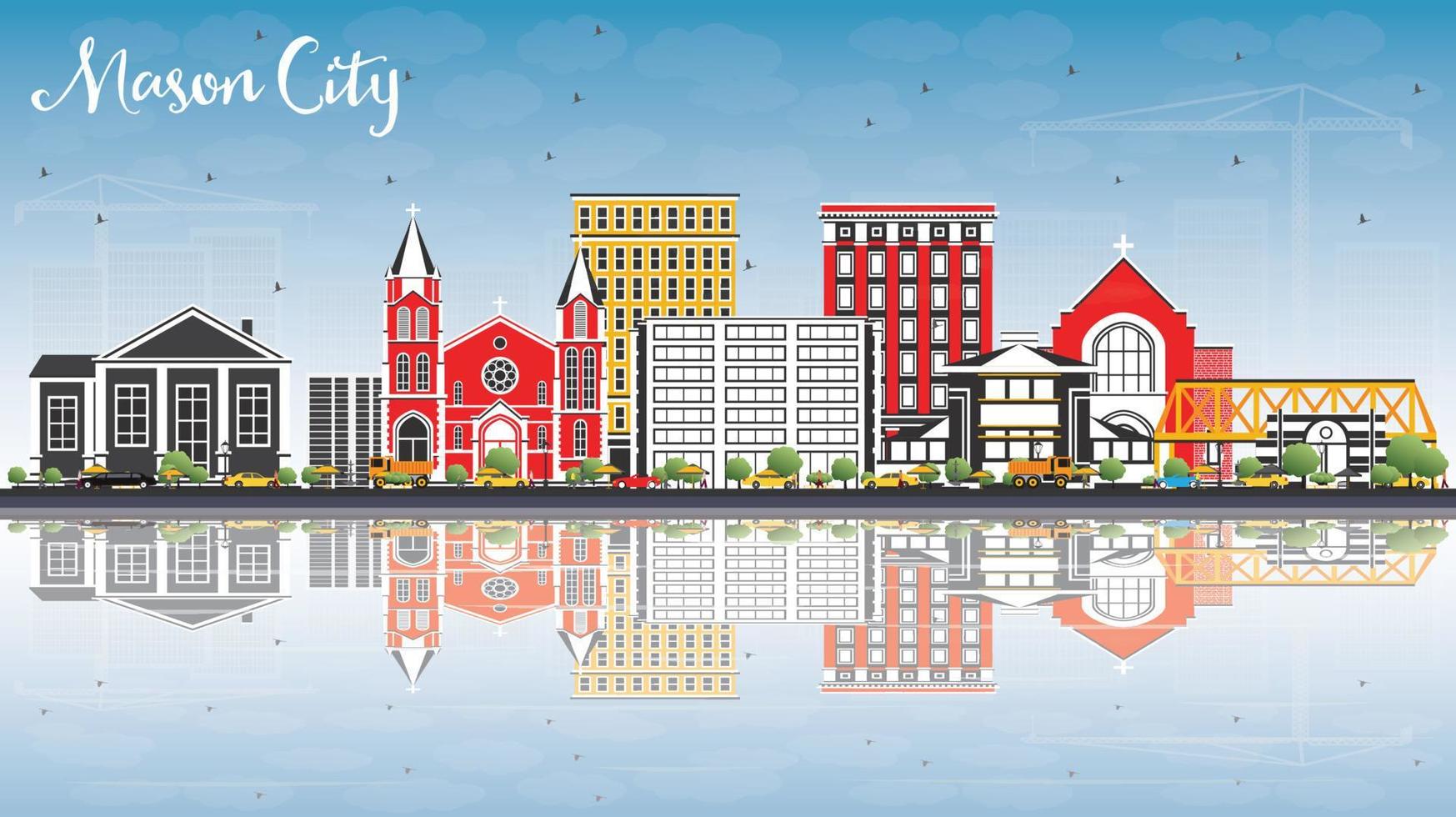 Mason City Iowa Skyline with Color Buildings, Blue Sky and Reflections. vector