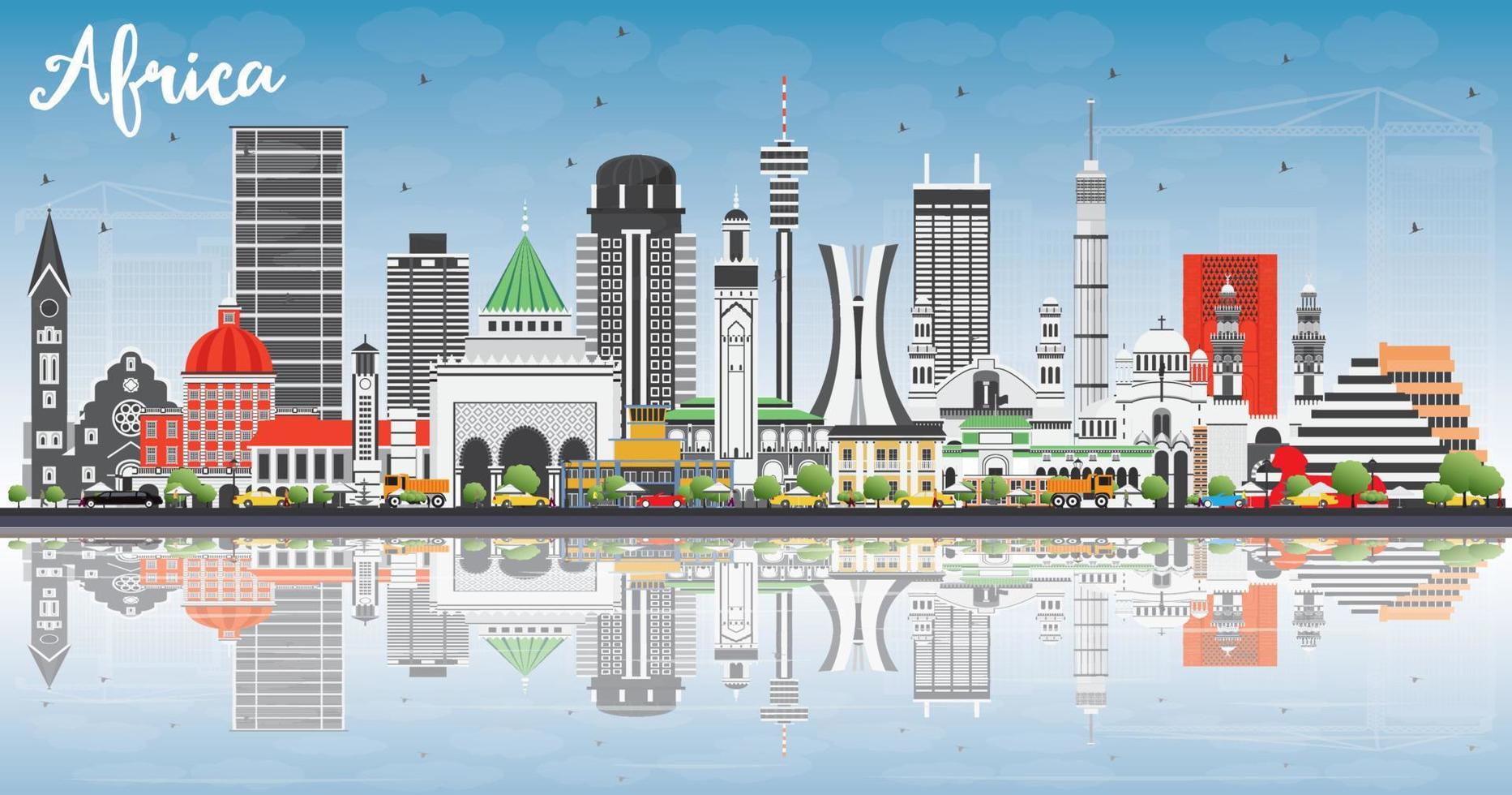 Africa Skyline with Famous Landmarks and Reflections. vector