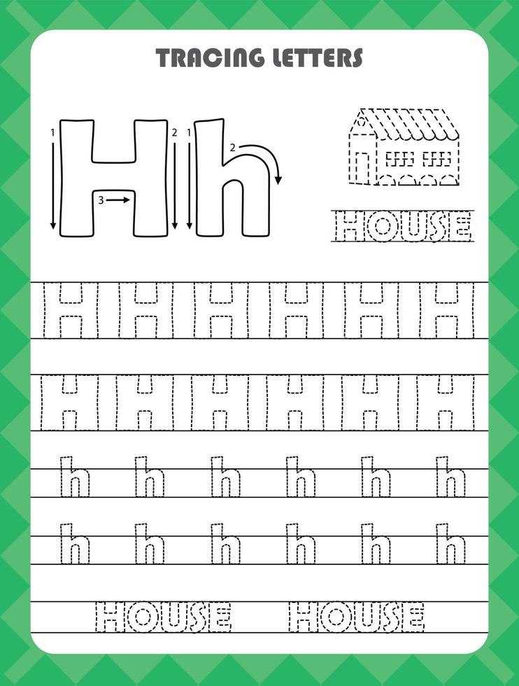 Trace letters of English alphabet and fill colors Uppercase and lowercase H. Handwriting practice for preschool kids worksheet. vector