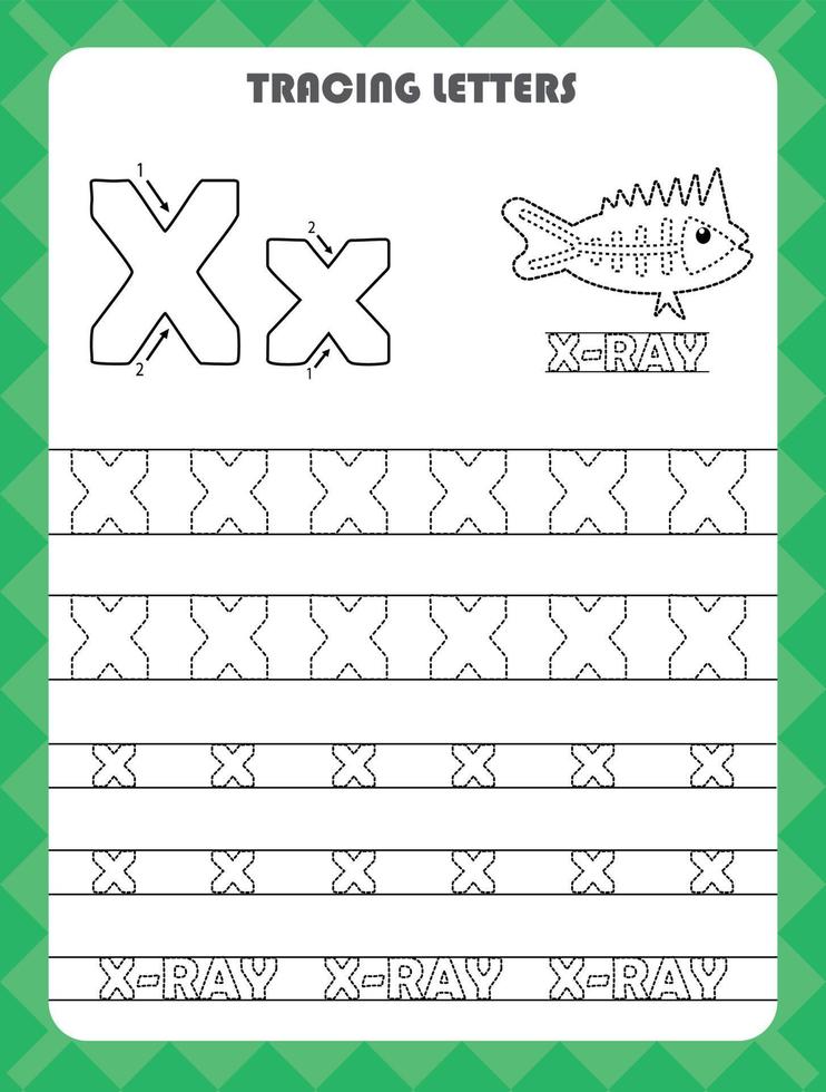 Trace letters of English alphabet and fill colors Uppercase and lowercase X. Handwriting practice for preschool kids worksheet. vector