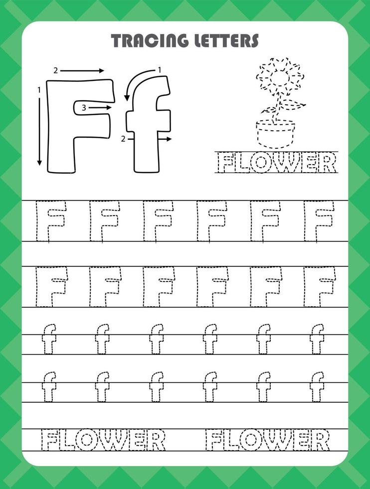 Trace letters of English alphabet and fill colors Uppercase and lowercase F. Handwriting practice for preschool kids worksheet. vector