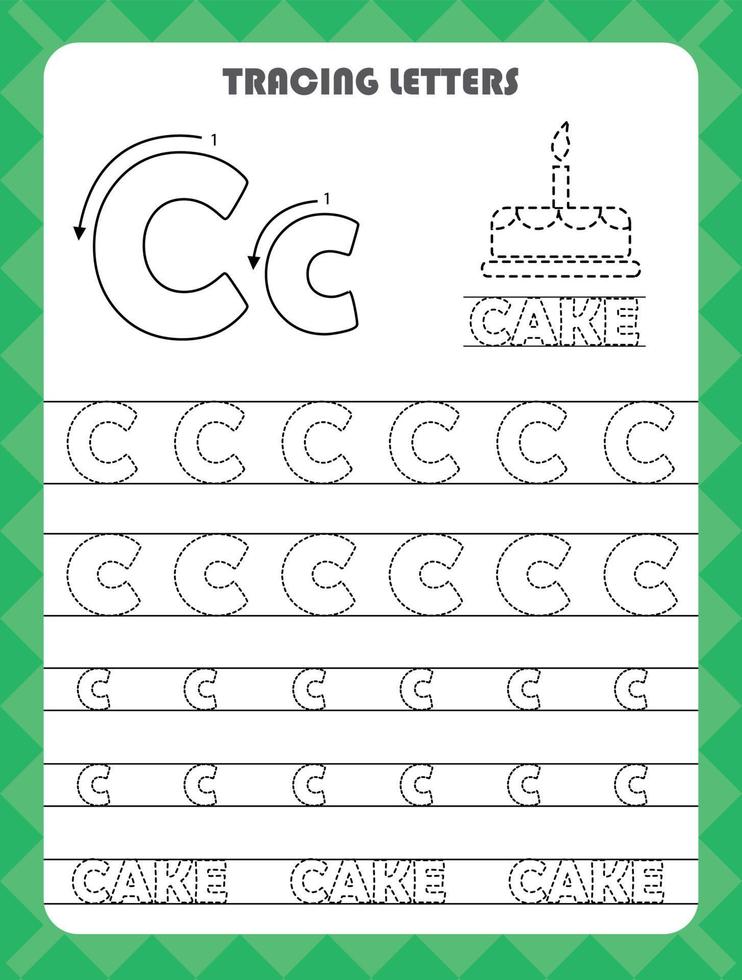 Trace letters of English alphabet and fill colors Uppercase and lowercase C. Handwriting practice for preschool kids worksheet. vector
