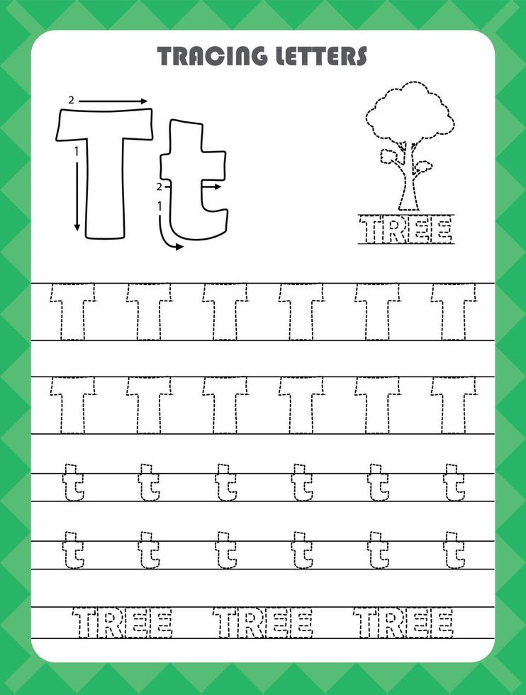 Trace letters of English alphabet and fill colors Uppercase and lowercase T. Handwriting practice for preschool kids worksheet. vector