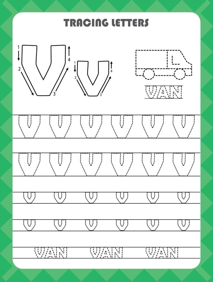 Trace letters of English alphabet and fill colors Uppercase and lowercase V. Handwriting practice for preschool kids worksheet. vector