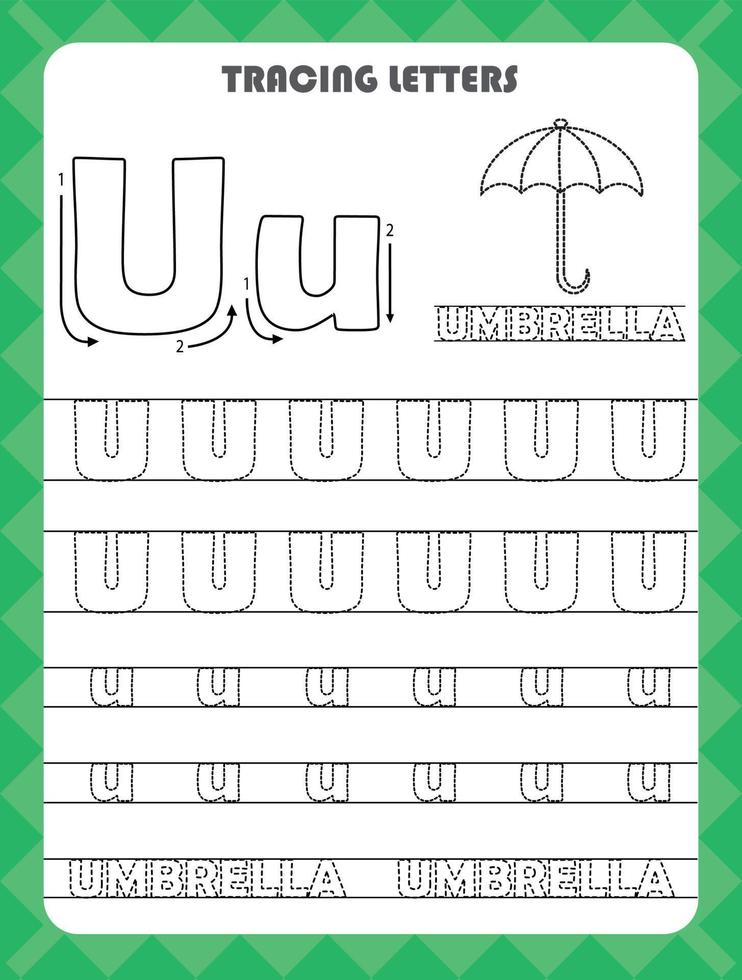 Trace letters of English alphabet and fill colors Uppercase and lowercase U. Handwriting practice for preschool kids worksheet. vector