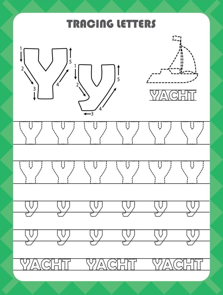 Trace letters of English alphabet and fill colors Uppercase and lowercase Y. Handwriting practice for preschool kids worksheet. vector