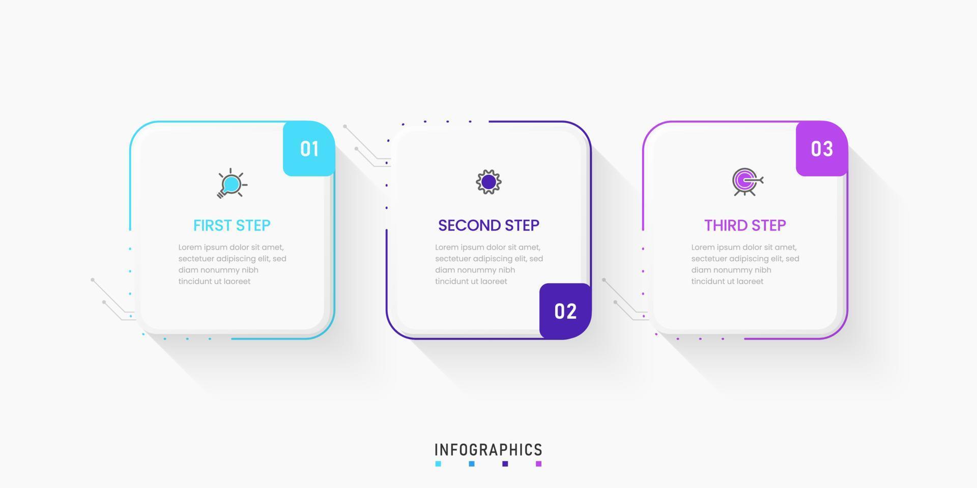 plantilla de diseño de etiquetas infográficas vectoriales con iconos y 3 opciones o pasos. se puede utilizar para diagramas de proceso, presentaciones, diseño de flujo de trabajo, banner, diagrama de flujo, gráfico de información. vector