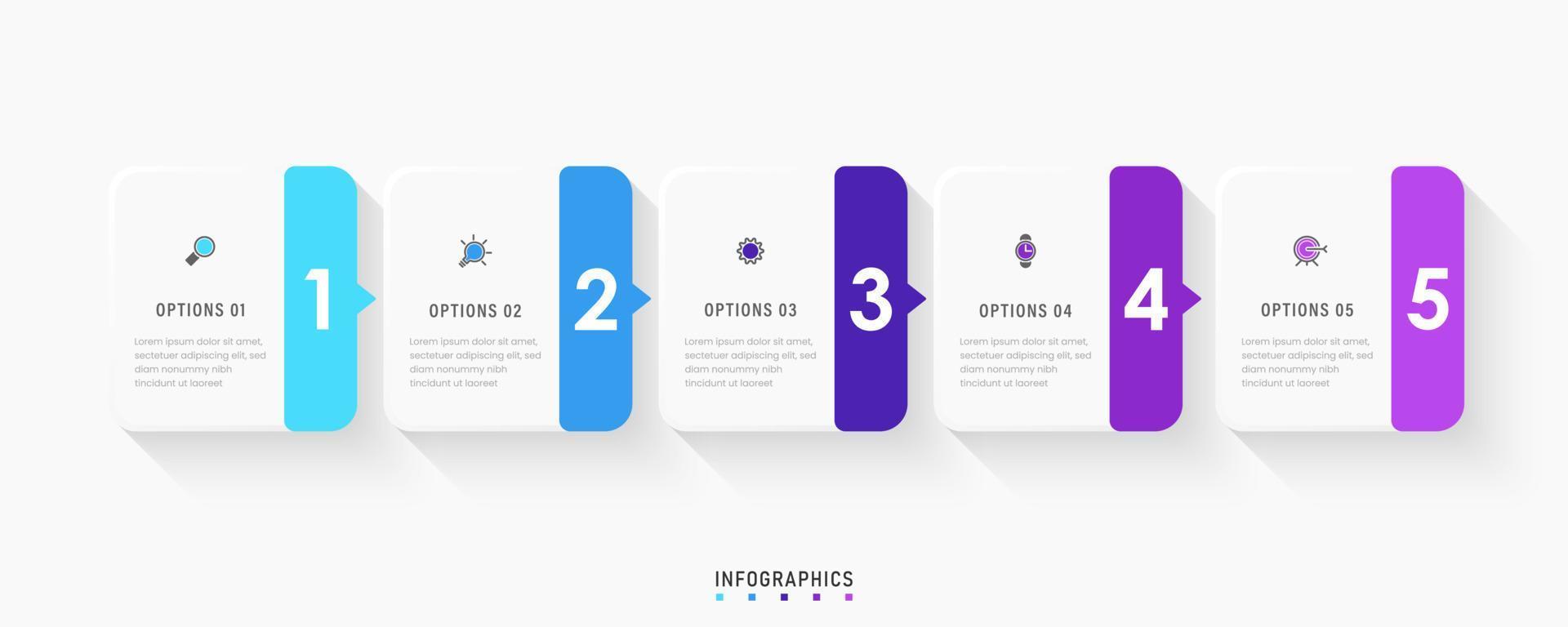 plantilla de diseño de etiquetas infográficas vectoriales con iconos y 5 opciones o pasos. se puede utilizar para diagramas de proceso, presentaciones, diseño de flujo de trabajo, banner, diagrama de flujo, gráfico de información. vector