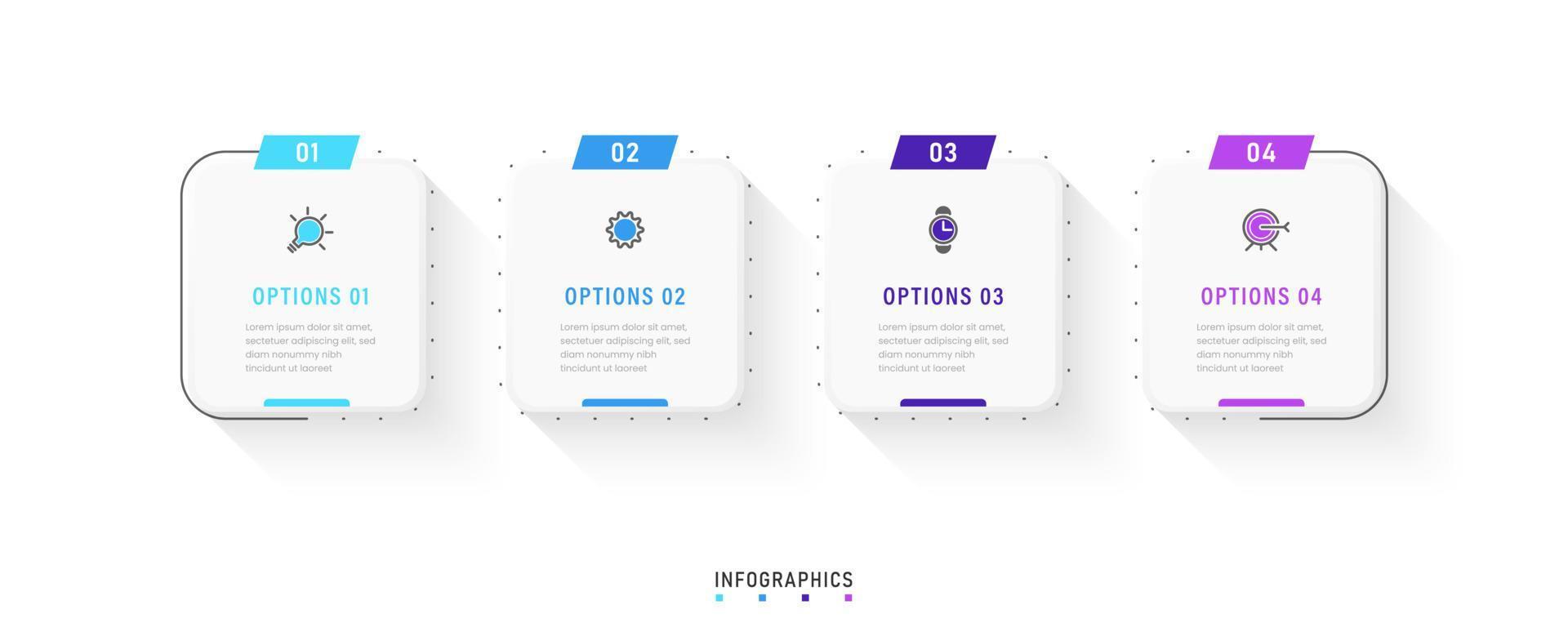 plantilla de diseño de etiquetas infográficas vectoriales con iconos y 4 opciones o pasos. se puede utilizar para diagramas de proceso, presentaciones, diseño de flujo de trabajo, banner, diagrama de flujo, gráfico de información. vector