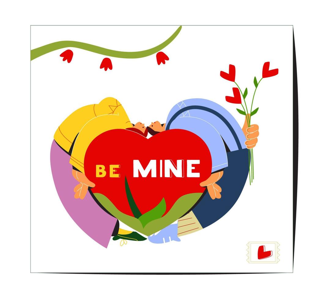 diseño vectorial plano de la tarjeta de felicitación del día de san valentín. pareja enamorada acostada en un gran corazón. ilustración estilizada de personas modernas. vector