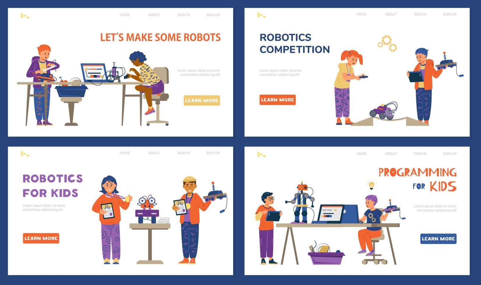 conjunto de plantillas de página de inicio de vector de robótica para niños. niños y niñas programación e ingeniería de robots. participando en una competencia de robótica.